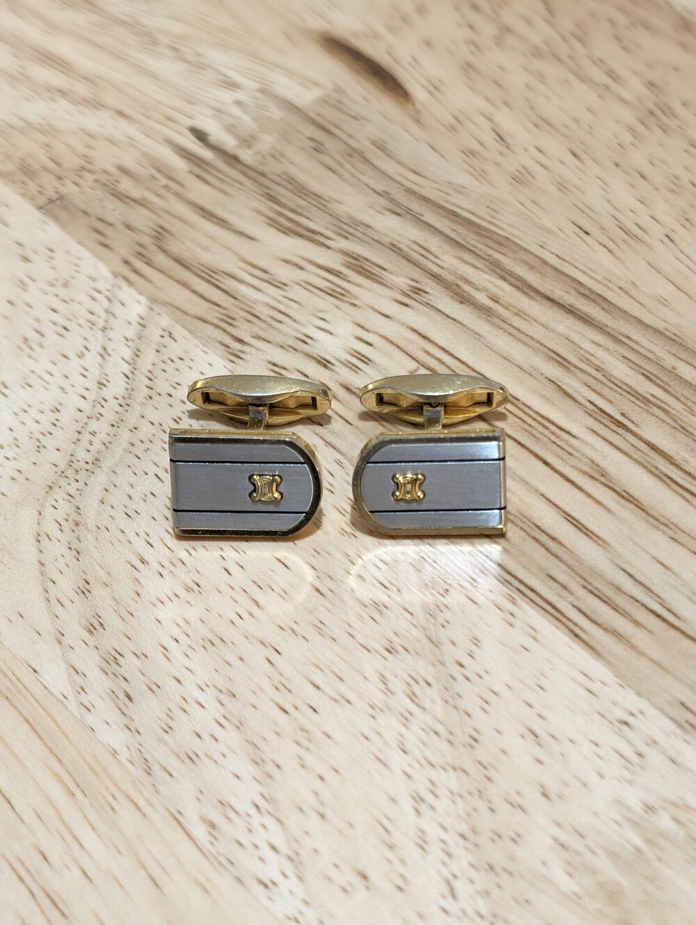 Vintage Celine Two-Tone Cufflinks Tank Style Triomphe Logo